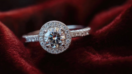 A side view of a diamond engagement ring with a halo setting, resting on a soft velvet background, highlighting the elegance of the design.の素材