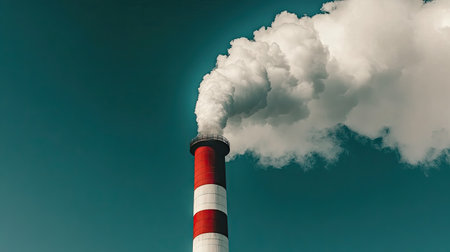 An industrial chimney emitting smoke into the atmosphere, illustrating the impact of pollution on air quality and climate change.の素材