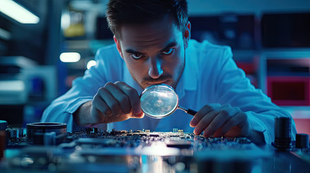 An electrical engineer examining circuit boards under a magnifying glass, in a brightly lit lab filled with technical equipment.の素材