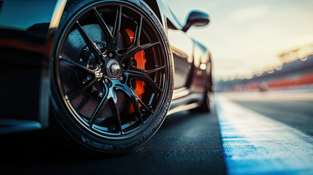 Close-up of a high-performance sports car wheel at a racetrack, with racing slick tires and ceramic brake discs.の素材