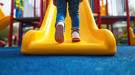 Close-up of a child enjoying a bright yellow slide at a playground, with soft landing mats and surrounding play structures visible in the background.の素材