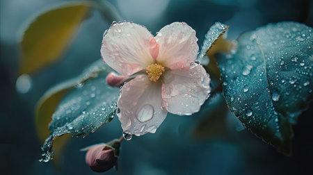 Raindrops resting on a delicate flower petal and nearby leaves, showing the freshness and rejuvenation that follows a soft rain.の素材