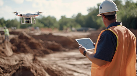 An engineer using a drone to survey a construction site, standing with a tablet and controlling the aerial view of the area.の素材