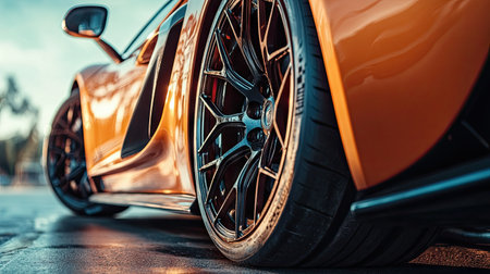 Macro shot of a high-performance sports car wheel with intricate rim design and aggressive tire tread, parked on a track.の素材