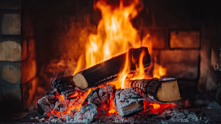 Flames roaring in a fireplace, with logs burning brightly and smoke rising in the background, creating a cozy and inviting scene.の素材