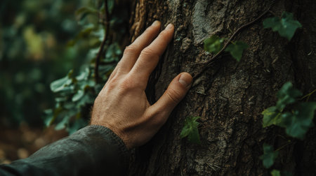 A close-up of a hand pressing against the thick bark of a centuries-old tree, with vines and greenery surrounding the trunk.の素材