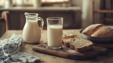 A chilled glass of milk on a wooden cutting board, next to a small jug of milk and freshly baked bread, creating a homely sceneの素材