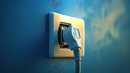A close-up of a power outlet with a plug halfway inserted, showing the action of connecting an electrical device.の素材