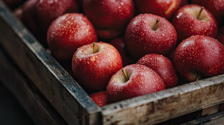 A close-up of a pile of freshly picked red apples, glistening with dew drops, arranged in a rustic wooden crate at an outdoor marketの素材