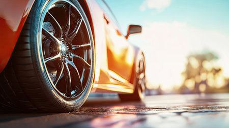 Sports car wheel close-up showing detailed tire tread and multi-spoke rim, with a blurred road in the background.の素材