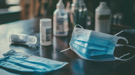 A close-up of a face mask, hand sanitizer, and gloves on a table, emphasizing the importance of hygiene and safetyの素材