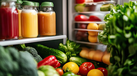 A close-up of an open fridge with a variety of drinks and fresh foods, from fruit juices to leafy vegetables and yogurtの素材
