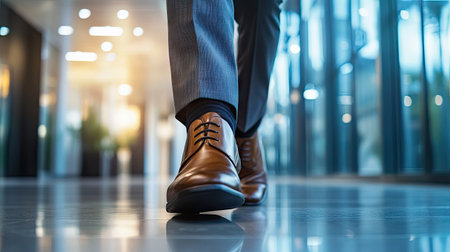 A close-up of a businessmans polished shoes and tailored suit pants, walking confidently through a modern officeの素材