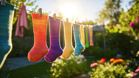 A close-up of colorful socks and towels hanging on a line, with a bright and sunny garden scene in the background.の素材