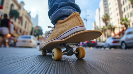 A close-up of a skateboarders shoes as they ride across a smooth city sidewalk, with a busy street in the background.の素材