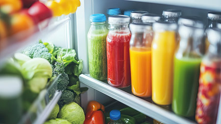 A close-up of an open fridge with a variety of drinks and fresh foods, from fruit juices to leafy vegetables and yogurtの素材