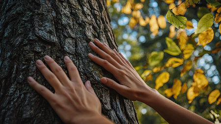 A close-up of two hands touching the textured bark of a giant oak tree, with leaves rustling in the background.の素材