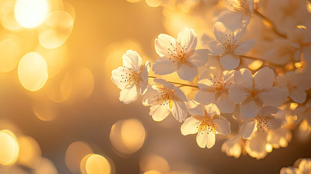 A close-up of sakura flowers drenched in golden sunset light, with the petals glowing softly in the warm hues.の素材