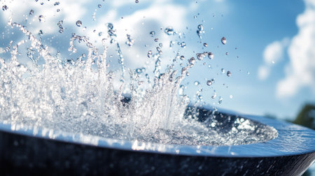 A close-up of water spraying from a modern fountain sculpture, creating a dramatic splash effect against the sky.の素材