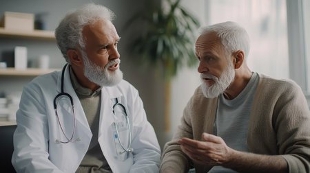 A doctor talking to a senior patient, providing compassionate care and medical guidance in a hospital settingの素材