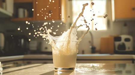 A close-up of milk being poured into a glass on a bright kitchen countertop, with splashes and droplets captured in motionの素材