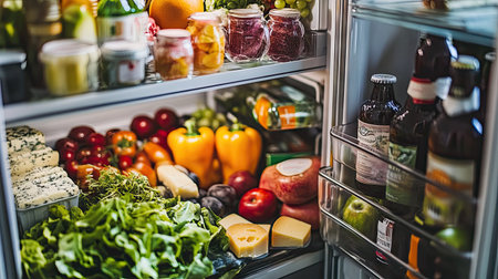 A colorful assortment of fresh food in an open fridge, including fresh salads, cheeses, fruits, and various drinks, ready to grabの素材