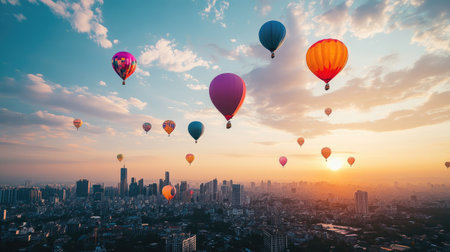 A collection of balloons floating high above a city skyline, their vibrant colors standing out against the urban backdrop and open skyの素材