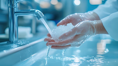 A close-up of hands sanitizing with gel, promoting hygiene and health safety in a medical or hospital environmentの素材
