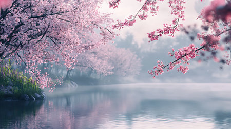 A detailed view of sakura blossoms covered in soft morning mist, creating a serene and peaceful springtime scene.の素材