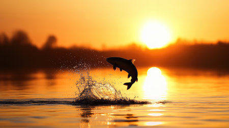 A fish leaping out of a lake in front of a setting sun, its silhouette beautifully framed against the golden waterの素材