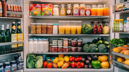 A fully stocked fridge filled with milk, juice, fruits, vegetables, and deli items, with a variety of fresh food optionsの素材