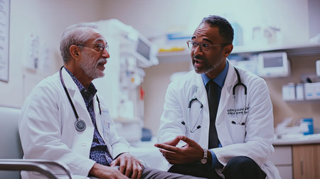 A doctor talking to a senior patient, providing compassionate care and medical guidance in a hospital settingの素材