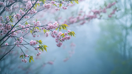 A detailed view of sakura blossoms covered in soft morning mist, creating a serene and peaceful springtime scene.の素材