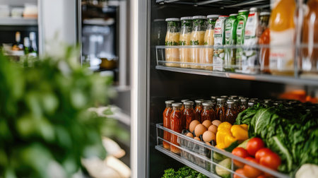 A family fridge stocked with fresh groceries, from vegetables and eggs to bottled juices and yogurt, displayed in a clean and organized mannerの素材