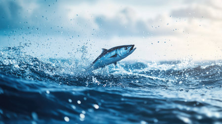 A fish breaking through the surface of the ocean, with waves and water droplets frozen mid-air against a vast sea backdropの素材