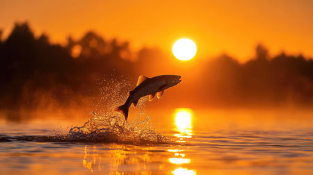 A fish leaping out of a lake in front of a setting sun, its silhouette beautifully framed against the golden waterの素材