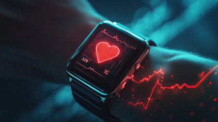 A fitness tracker on a wrist showing heart rate, representing health monitoring and the intersection of technology and wellnessの素材