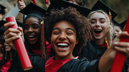 A group of diverse graduates celebrating together, showing off their diplomas with huge smiles and joyful expressionsの素材