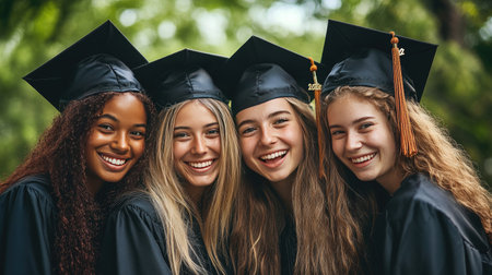 A joyful graduate posing with friends, all wearing graduation caps and gowns, sharing in the happiness of their achievementの素材