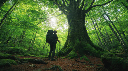 A hiker pausing to touch a large tree in the middle of a dense forest, taking in the natural beauty around them.の素材