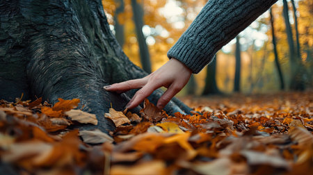 A persons hand reaching out to touch the base of a large tree, surrounded by fallen leaves in an autumn forest.の素材