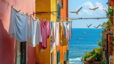 Colorful laundry hanging to dry in a charming coastal village, with ocean waves and seagulls in the distance.の素材