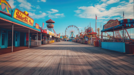 A serene, empty boardwalk in an amusement park with carnival rides and booths closed, set against a bright blue sky.の素材