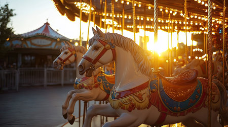 A still carousel with beautifully painted horses, lit by the setting sun in an empty amusement park.の素材