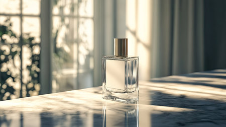 A sleek glass perfume bottle with a blank label, placed on a marble countertop with soft natural light streaming in from a windowの素材