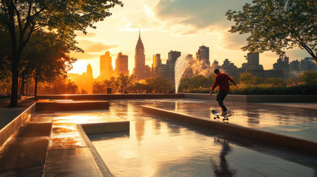 A skateboarder balancing on the edge of a fountain in a public city square, with the downtown skyline in the distance.の素材