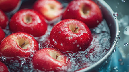 Fresh red apples floating in a bowl of water, creating a refreshing and vibrant display of clean, organic fruitの素材
