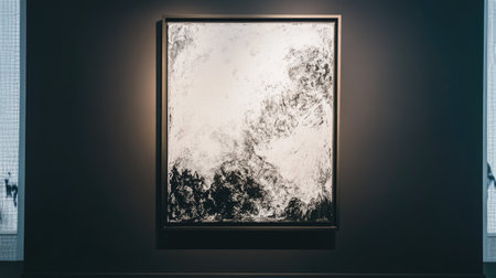A black and white abstract painting hanging on a gallery wall, with soft lighting enhancing its texture.の素材