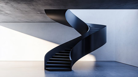 A black staircase spiraling upwards in a minimalist modern building, with shadows creating depth.の素材