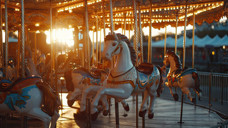 A still carousel with beautifully painted horses, lit by the setting sun in an empty amusement park.の素材
